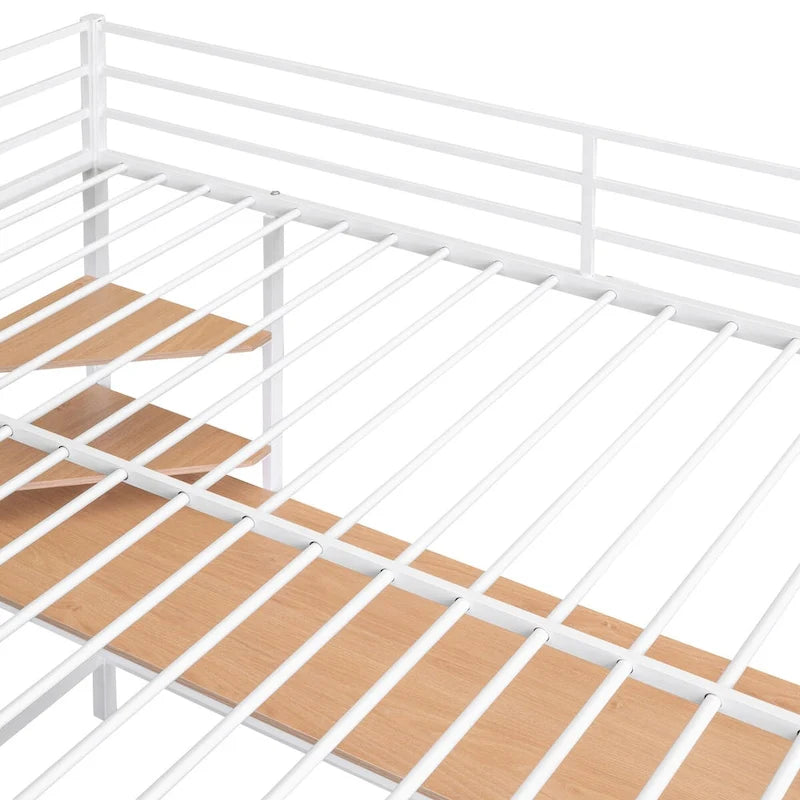 Cama alta de metal con escritorio y estantes, tamaño matrimonial