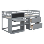 Cama baja gris individual con escritorio rodante y cajones de almacenamiento