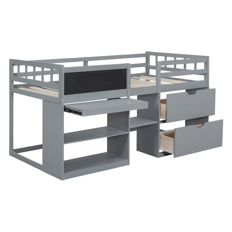 Cama baja gris individual con escritorio rodante y cajones de almacenamiento