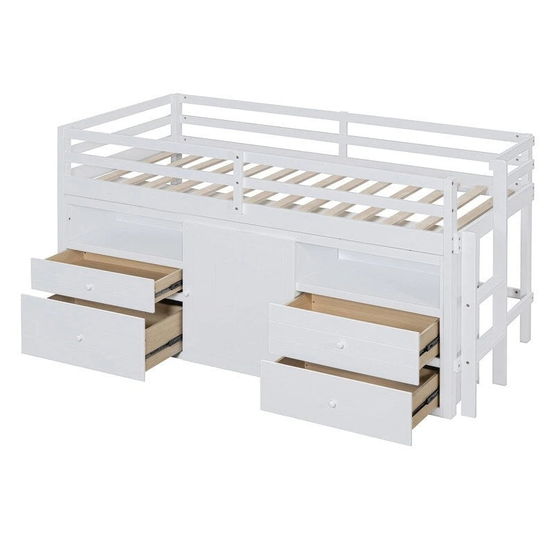 Cama alta individual con 4 cajones, armario inferior y estantes
