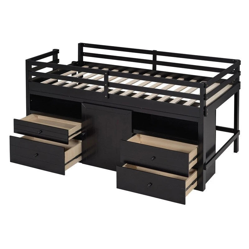 Cama alta individual con 4 cajones, armario inferior y estantes
