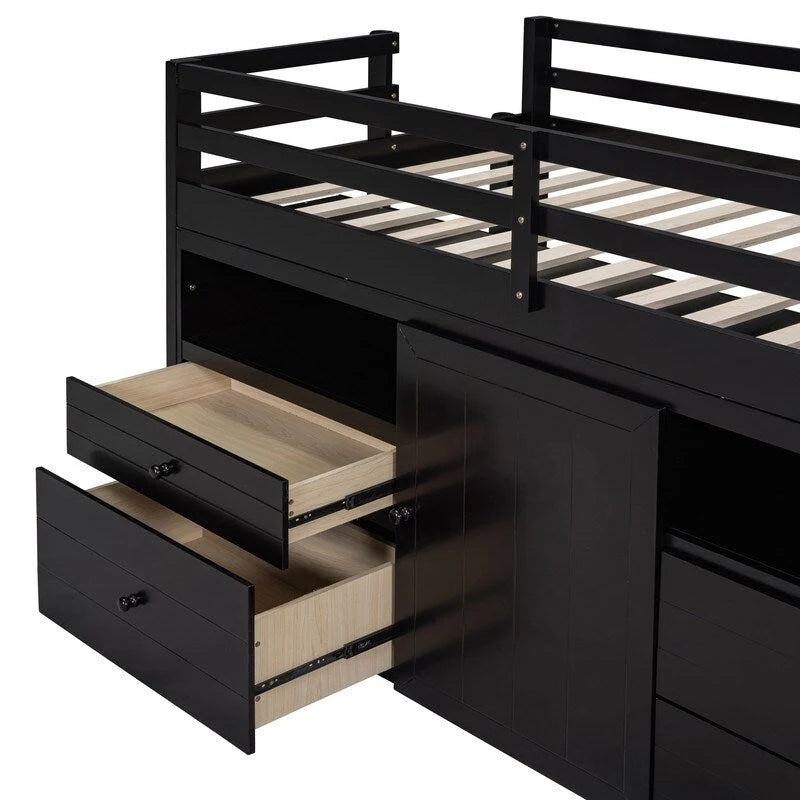 Cama alta individual con 4 cajones, armario inferior y estantes