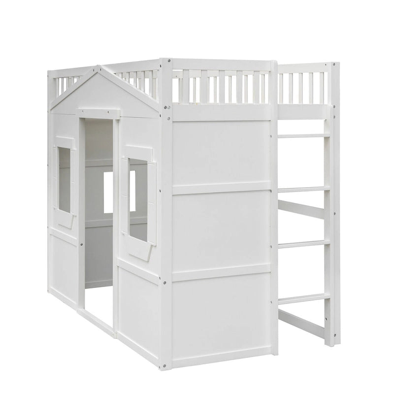 Cama alta de madera Twin Size Creativity House con escalera incorporada y espacio de almacenamiento debajo de la cama, barandilla de longitud completa