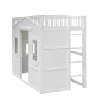 Cama alta de madera Twin Size Creativity House con escalera incorporada y espacio de almacenamiento debajo de la cama, barandilla de longitud completa