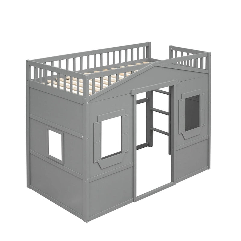 Cama alta de madera Twin Size Creativity House con escalera incorporada y espacio de almacenamiento debajo de la cama, barandilla de longitud completa