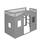 Cama alta de madera Twin Size Creativity House con escalera incorporada y espacio de almacenamiento debajo de la cama, barandilla de longitud completa