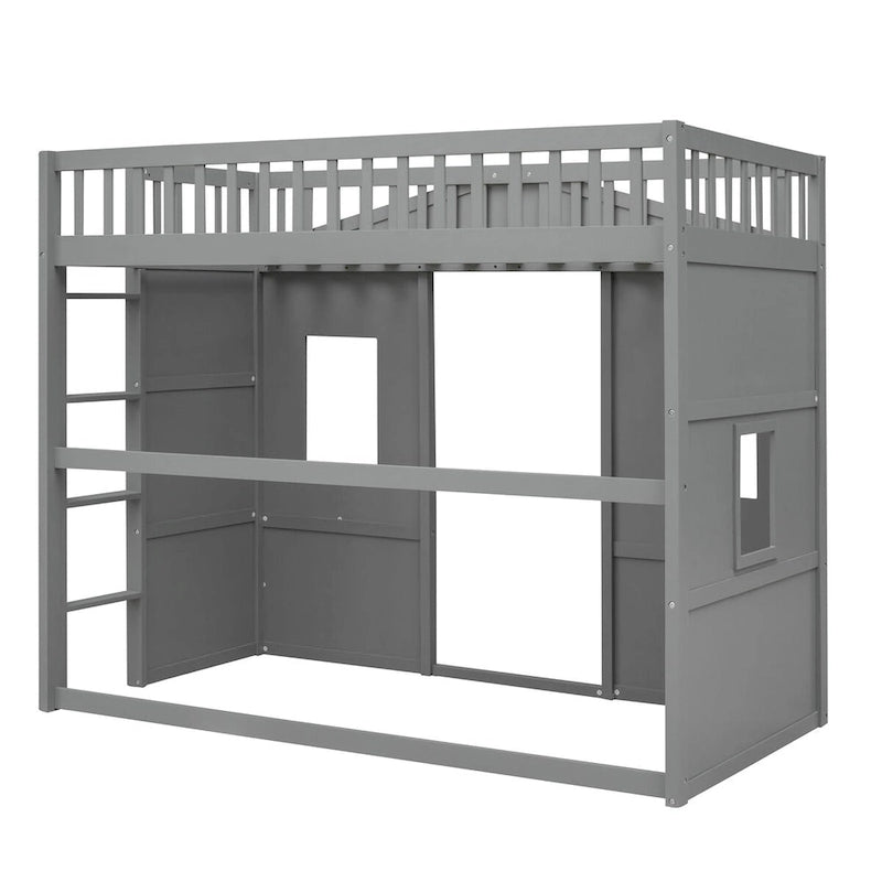 Cama alta de madera Twin Size Creativity House con escalera incorporada y espacio de almacenamiento debajo de la cama, barandilla de longitud completa
