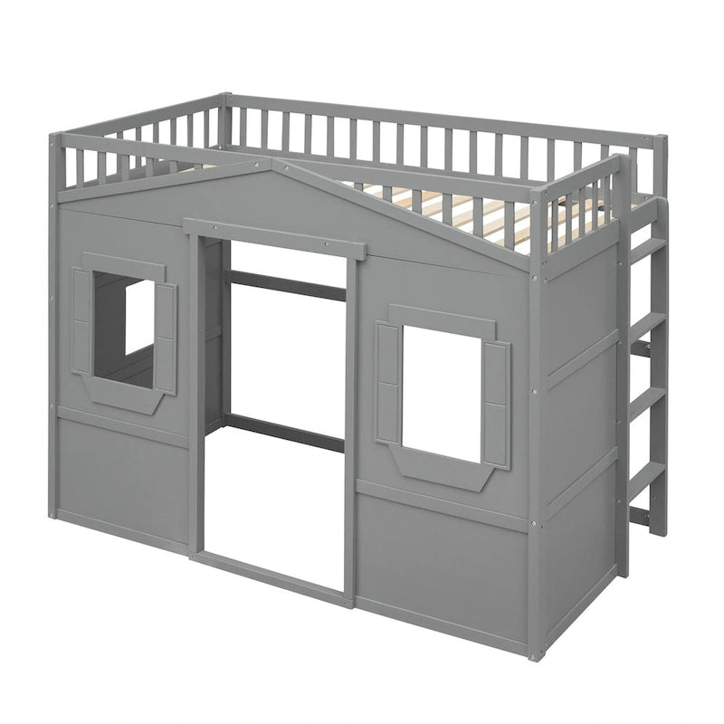 Cama alta de madera Twin Size Creativity House con escalera incorporada y espacio de almacenamiento debajo de la cama, barandilla de longitud completa