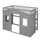 Cama alta de madera Twin Size Creativity House con escalera incorporada y espacio de almacenamiento debajo de la cama, barandilla de longitud completa