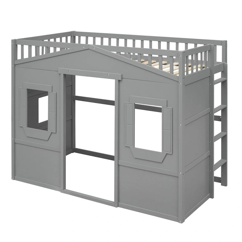 Cama alta de madera Twin Size Creativity House con escalera incorporada y espacio de almacenamiento debajo de la cama, barandilla de longitud completa