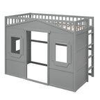 Cama alta de madera Twin Size Creativity House con escalera incorporada y espacio de almacenamiento debajo de la cama, barandilla de longitud completa