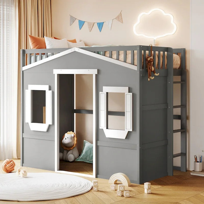 Cama alta de madera Twin Size Creativity House con escalera incorporada y espacio de almacenamiento debajo de la cama, barandilla de longitud completa