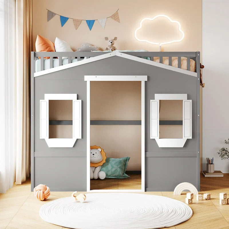 Cama alta de madera Twin Size Creativity House con escalera incorporada y espacio de almacenamiento debajo de la cama, barandilla de longitud completa