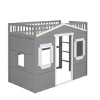 Cama alta de madera Twin Size Creativity House con escalera incorporada y espacio de almacenamiento debajo de la cama, barandilla de longitud completa