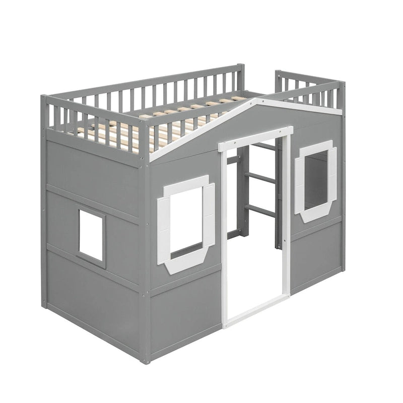 Cama alta de madera Twin Size Creativity House con escalera incorporada y espacio de almacenamiento debajo de la cama, barandilla de longitud completa
