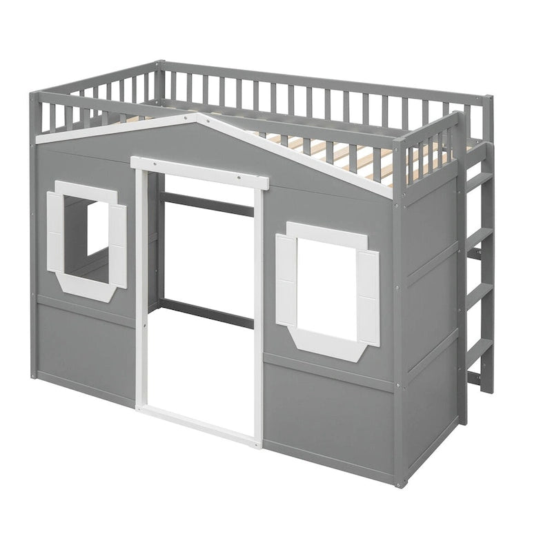 Cama alta de madera Twin Size Creativity House con escalera incorporada y espacio de almacenamiento debajo de la cama, barandilla de longitud completa
