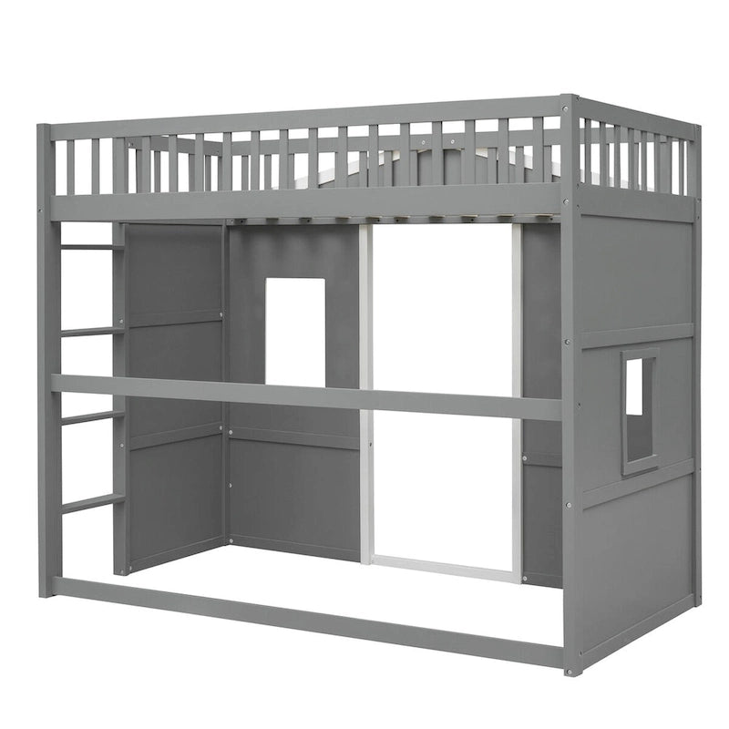 Cama alta de madera Twin Size Creativity House con escalera incorporada y espacio de almacenamiento debajo de la cama, barandilla de longitud completa