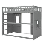 Cama alta de madera Twin Size Creativity House con escalera incorporada y espacio de almacenamiento debajo de la cama, barandilla de longitud completa