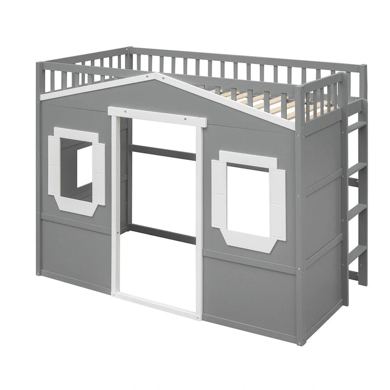 Cama alta de madera Twin Size Creativity House con escalera incorporada y espacio de almacenamiento debajo de la cama, barandilla de longitud completa