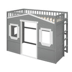 Cama alta de madera Twin Size Creativity House con escalera incorporada y espacio de almacenamiento debajo de la cama, barandilla de longitud completa