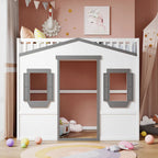 Cama alta de madera Twin Size Creativity House con escalera incorporada y espacio de almacenamiento debajo de la cama, barandilla de longitud completa