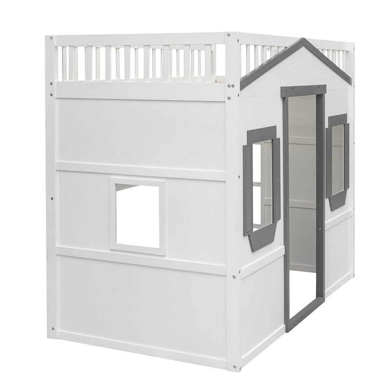 Cama alta de madera Twin Size Creativity House con escalera incorporada y espacio de almacenamiento debajo de la cama, barandilla de longitud completa