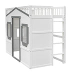 Cama alta de madera Twin Size Creativity House con escalera incorporada y espacio de almacenamiento debajo de la cama, barandilla de longitud completa