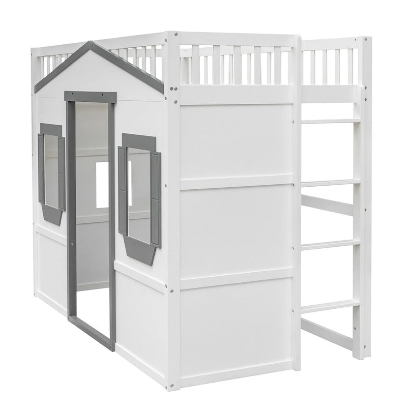 Cama alta de madera Twin Size Creativity House con escalera incorporada y espacio de almacenamiento debajo de la cama, barandilla de longitud completa