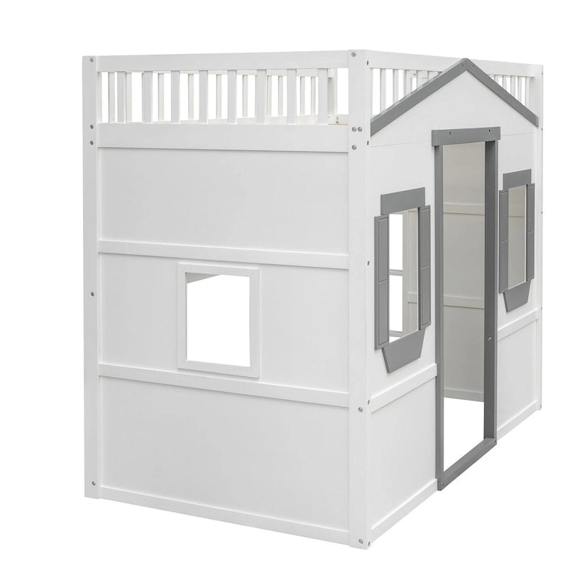 Cama alta de madera Twin Size Creativity House con escalera incorporada y espacio de almacenamiento debajo de la cama, barandilla de longitud completa