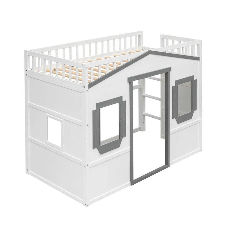 Cama alta de madera Twin Size Creativity House con escalera incorporada y espacio de almacenamiento debajo de la cama, barandilla de longitud completa
