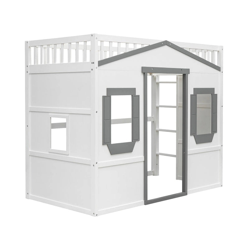 Cama alta de madera Twin Size Creativity House con escalera incorporada y espacio de almacenamiento debajo de la cama, barandilla de longitud completa