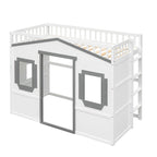 Cama alta de madera Twin Size Creativity House con escalera incorporada y espacio de almacenamiento debajo de la cama, barandilla de longitud completa