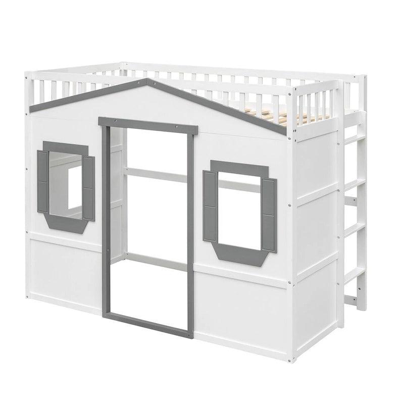 Cama alta de madera Twin Size Creativity House con escalera incorporada y espacio de almacenamiento debajo de la cama, barandilla de longitud completa
