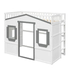 Cama alta de madera Twin Size Creativity House con escalera incorporada y espacio de almacenamiento debajo de la cama, barandilla de longitud completa