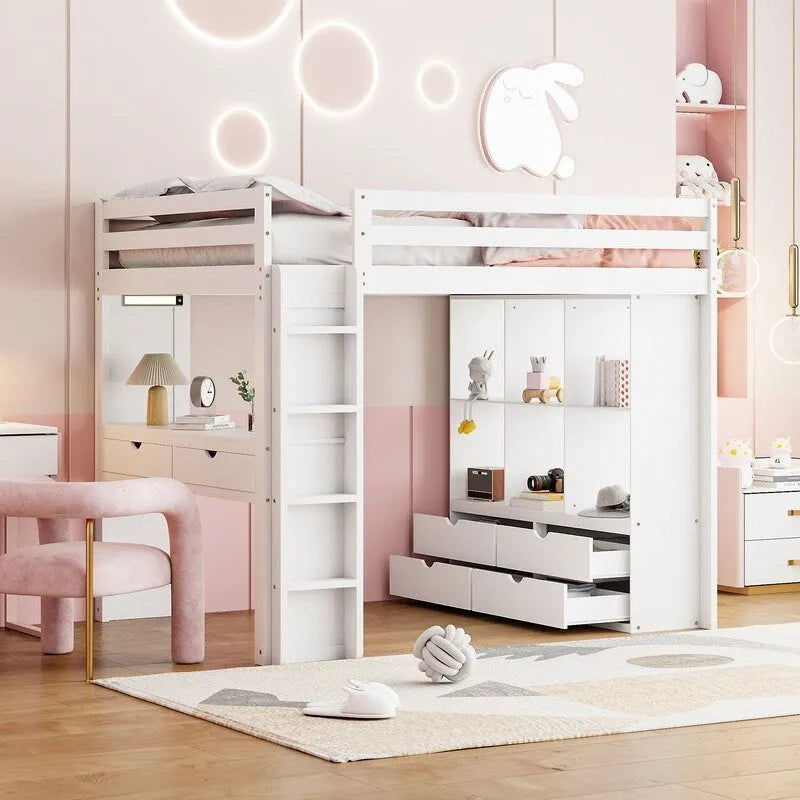Cama alta de madera de tamaño completo con estantes grandes, escritorio y luz LED