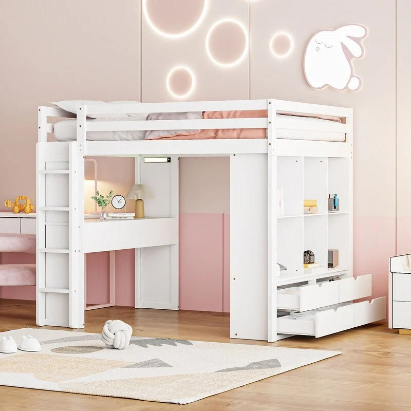 Cama alta de madera de tamaño completo con estantes grandes, escritorio y luz LED