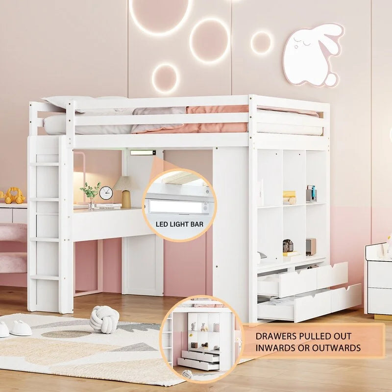 Cama alta de madera de tamaño completo con estantes grandes, escritorio y luz LED