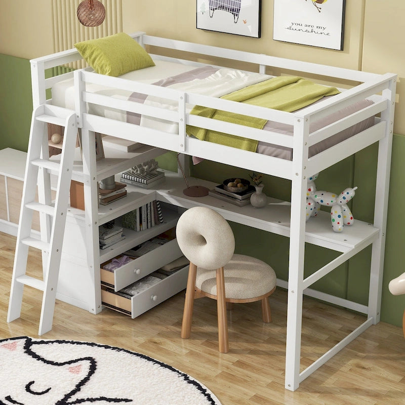 Cama alta con escritorio y estantes, dos cajones incorporados