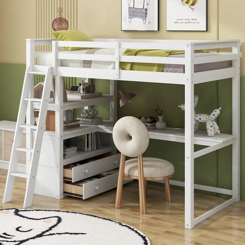 Cama alta con escritorio y estantes, dos cajones incorporados