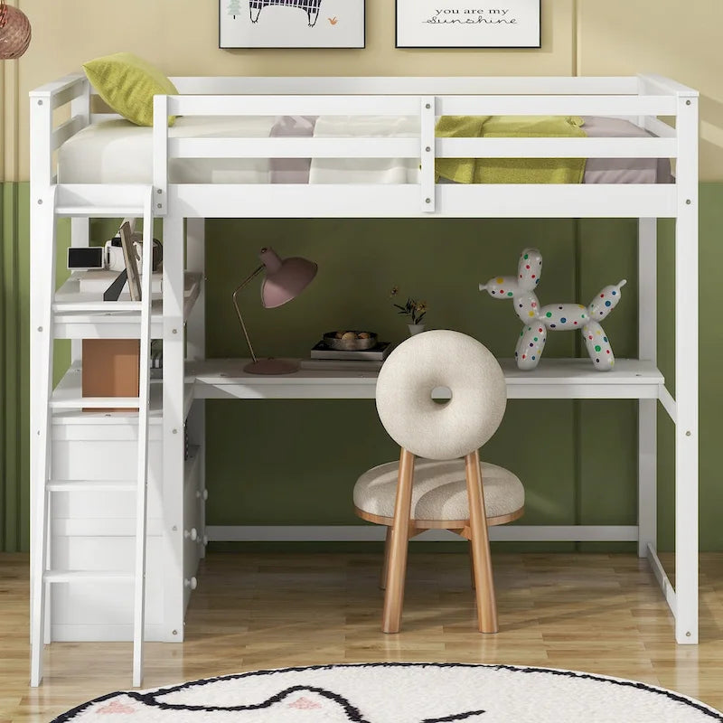 Cama alta con escritorio y estantes, dos cajones incorporados