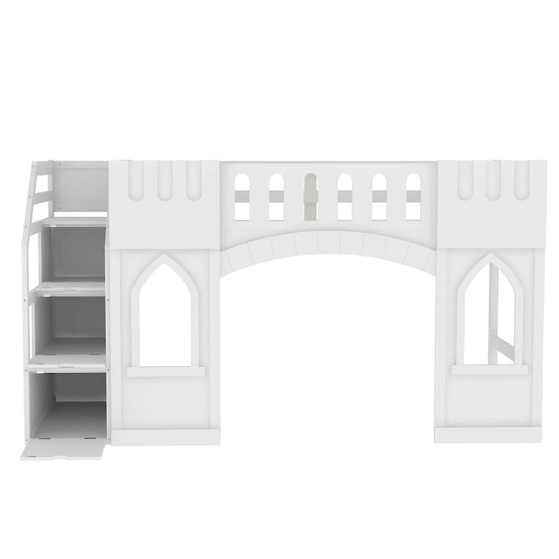 Cama alta individual de madera con escalera de almacenamiento y ventana