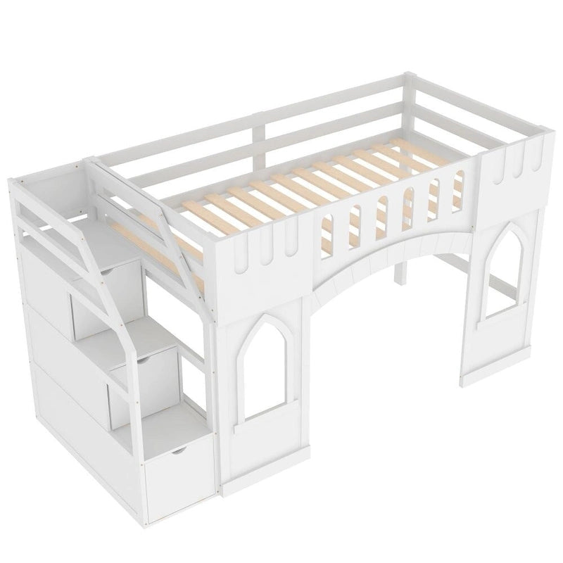 Cama alta individual de madera con escalera de almacenamiento y ventana