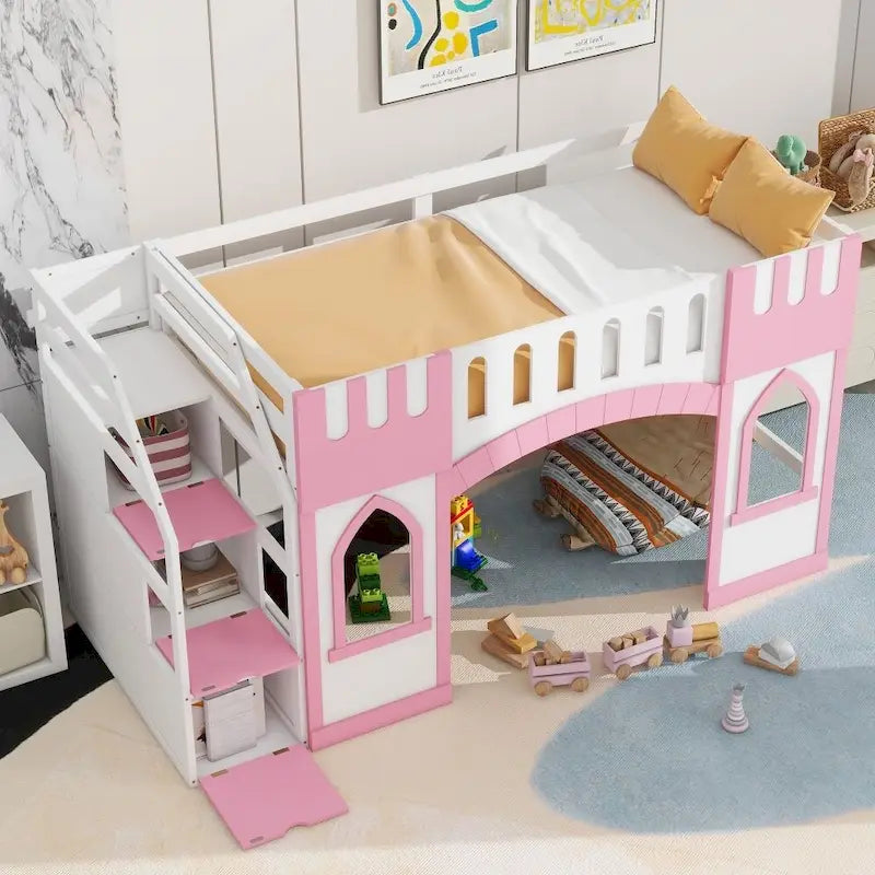 Cama alta individual de madera con escalera de almacenamiento y ventana
