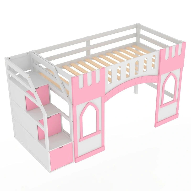 Cama alta individual de madera con escalera de almacenamiento y ventana