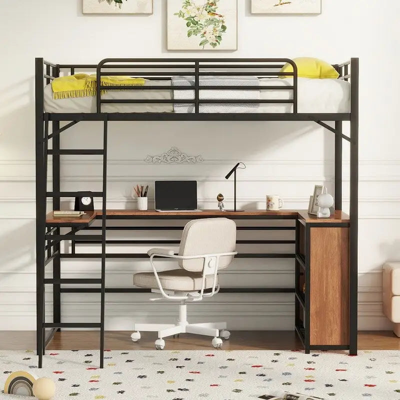 Cama loft metálica de tamaño individual con escritorio en forma de L y 3 estantes