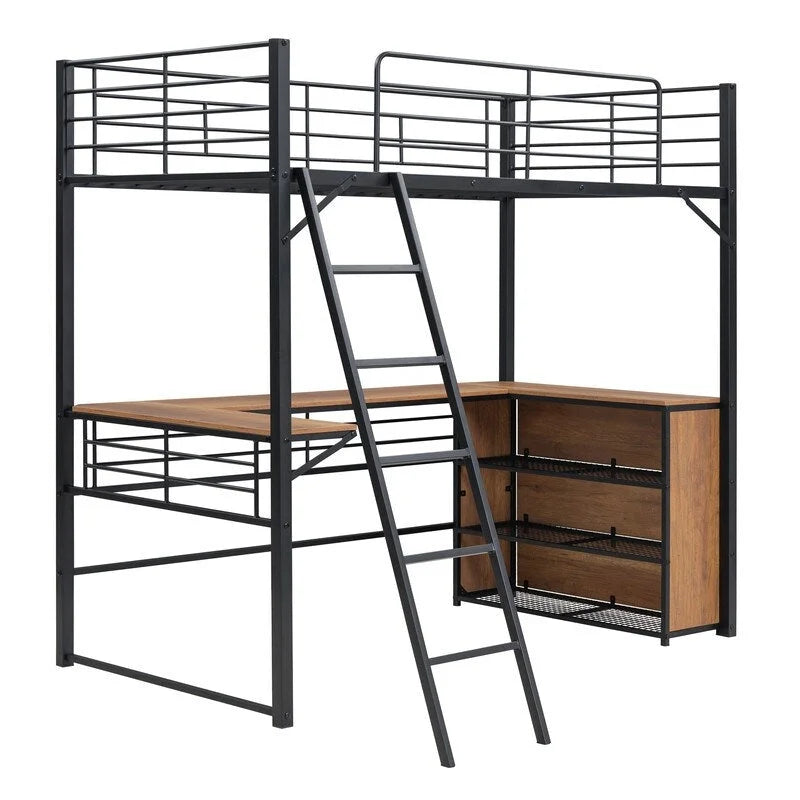 Cama loft metálica de tamaño individual con escritorio en forma de L y 3 estantes