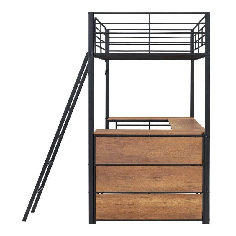 Cama loft metálica de tamaño individual con escritorio en forma de L y 3 estantes