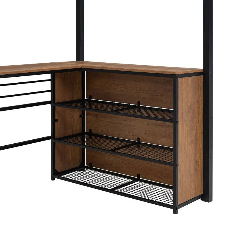 Cama loft metálica de tamaño individual con escritorio en forma de L y 3 estantes