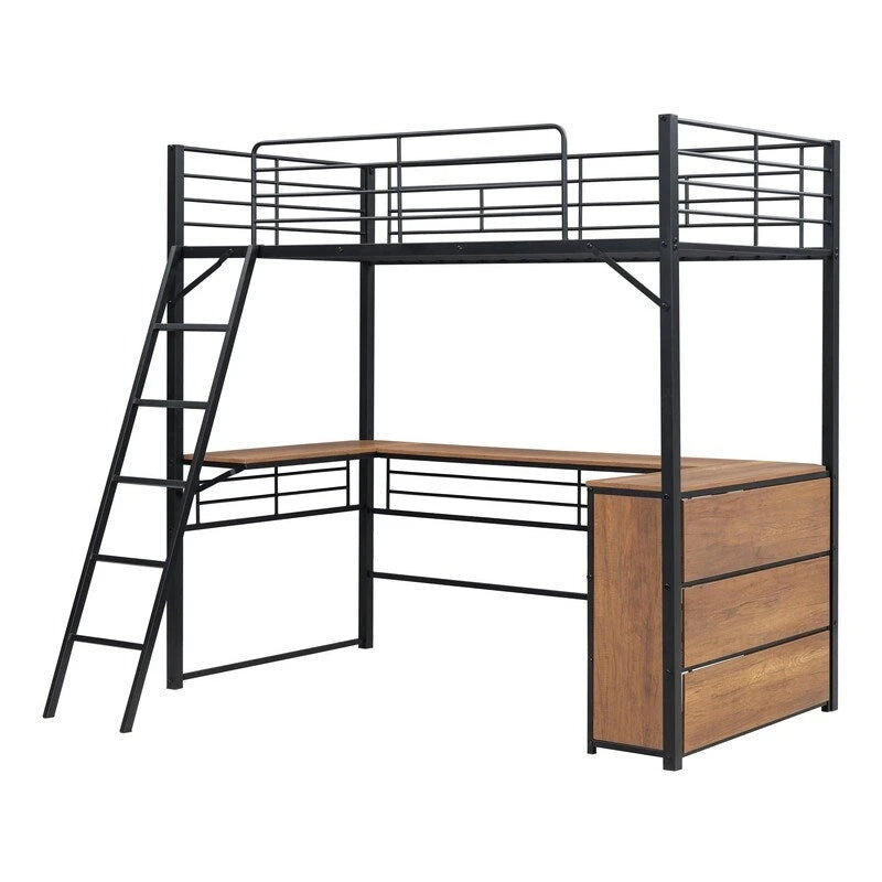 Cama loft metálica de tamaño individual con escritorio en forma de L y 3 estantes