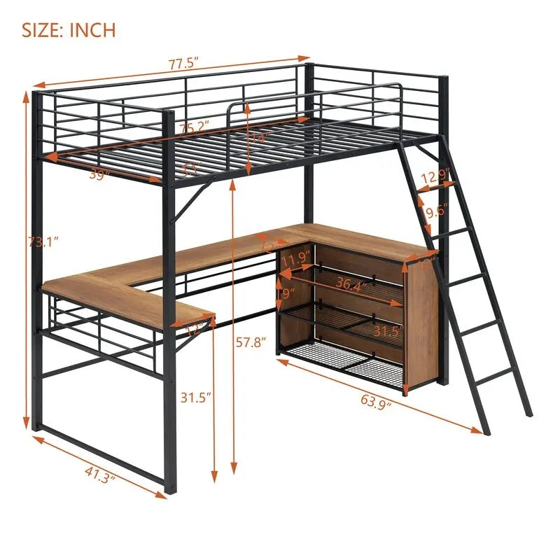 Cama loft metálica de tamaño individual con escritorio en forma de L y 3 estantes